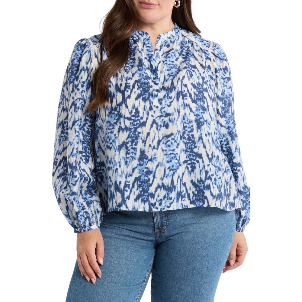 Caslon Embroidered Inset Top, Ivory Blue Ikat, Tencel Blend, Women Plus Size 4X